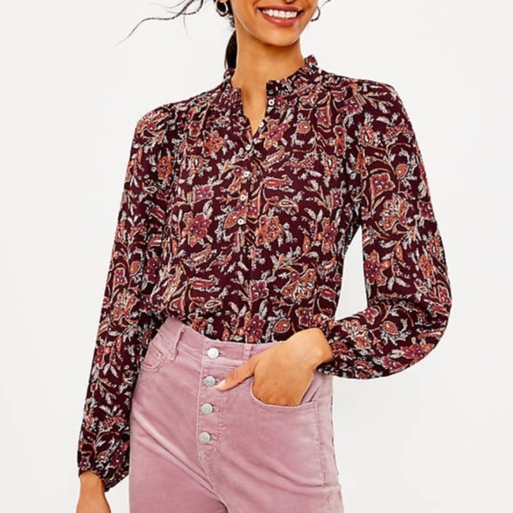 LOFT Bouquet Ruffle Neck Mixed Media Top - Delicate Plum
